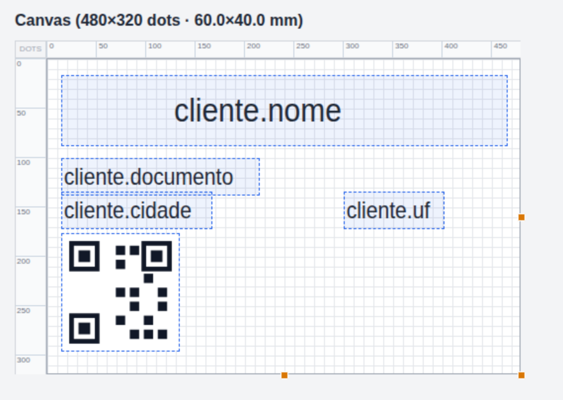 Canvas do editor do RCTag, 480×320 dots (60×40 mm), com os campos cliente.nome, cliente.documento, cliente.cidade, cliente.uf e um QR Code posicionados na área da etiqueta.
