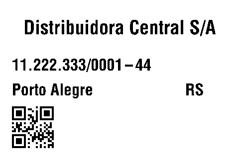 A mesma etiqueta renderizada com os dados do cliente C004: Distribuidora Central S/A, 11.222.333/0001-44, Porto Alegre, RS e o QR Code.