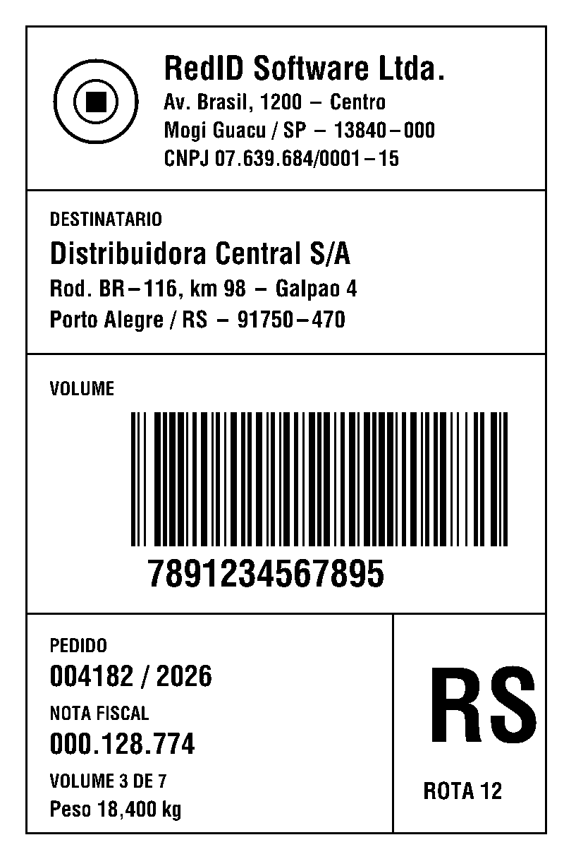 Etiqueta de expedição 100×150 mm gerada pelo RCTag: remetente com logotipo, destinatário, código de barras 7891234567895, pedido, nota fiscal, peso e rota.