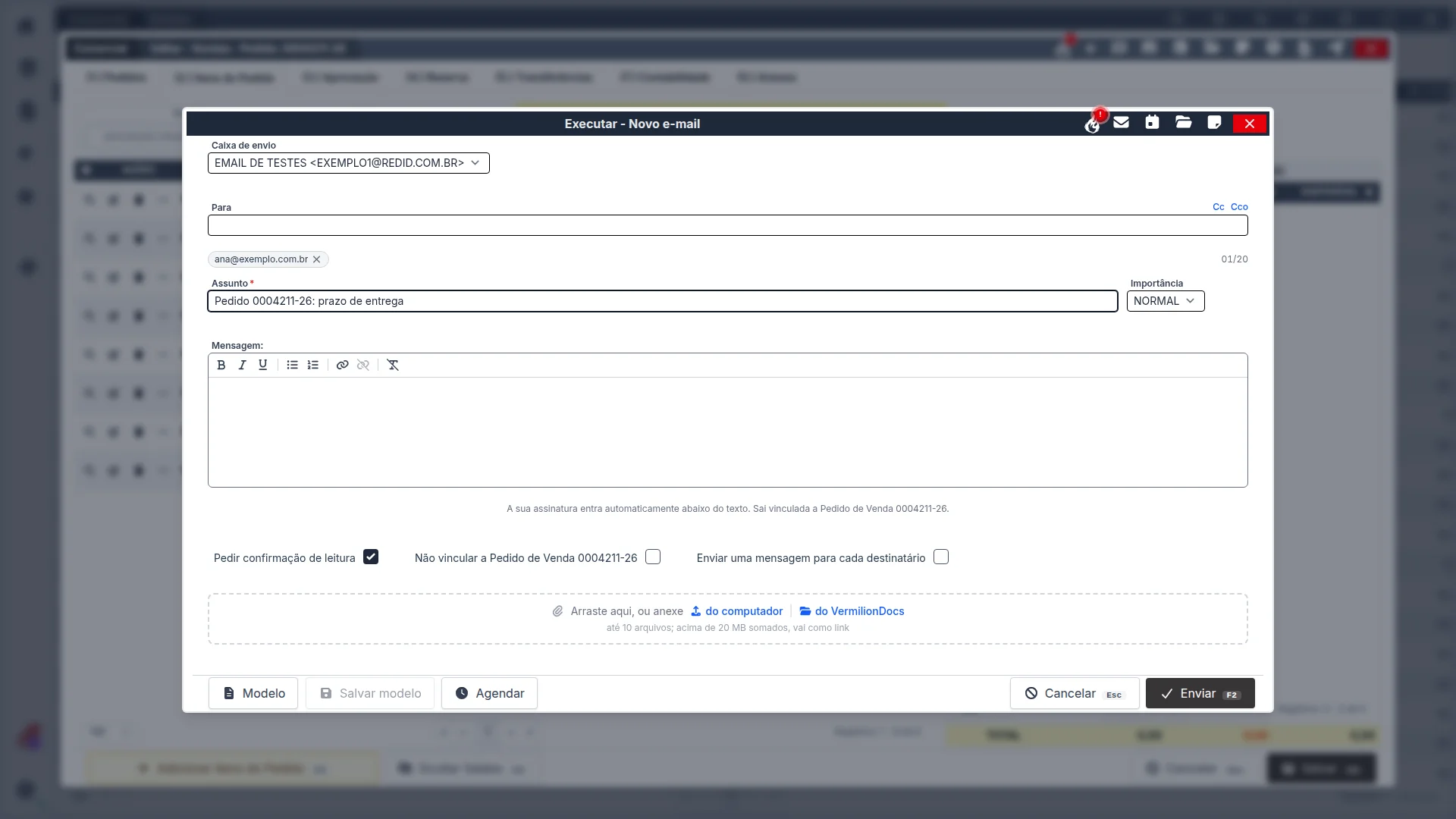 Janela de novo e-mail aberta por cima da edição de um pedido, a partir dos botões do Vermilion Tools na barra de título.